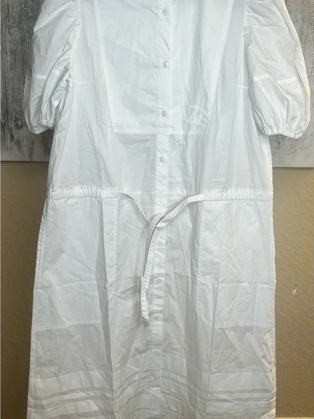 Zadig & Voltaire White Button-Front Midi Dress with Puff Sleeves